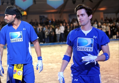 Joe Manganiello and Matt Bomer compete in DIRECTV’s Fifth Annual Celebrity Beach Bowl at Victory Park, Dallas, Texas, on February 5, 2011
