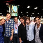 “The Big Bang Theory” cast poses with Warner Bros. Television President Peter Roth at the Warner Bros. Comic-Con booth in San Diego, Calif., on July 22, 2011
