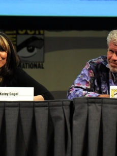 Katey Sagal and Ron Perlman speak at FX’s “Sons Of Anarchy” panel during Comic-Con at the San Diego Convention Center in San Diego, Calif., on July 24, 2011 