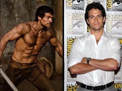 Henry Cavill as Theseus in “Immortals” (left), and at Comic-Con in San Diego (right)
