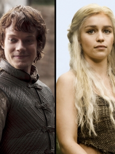 Alfie Allen as Theon Greyjoy, Emilia Clarke as Daenerys Targaryen