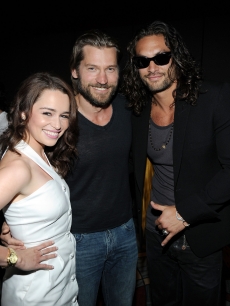 Emilia Clarke, Nikolaj Coster-Waldau and Jason Momoa pose at HBO’s “Game Of Thrones” panel during Comic-Con 2011, San Diego, on July 21, 2011