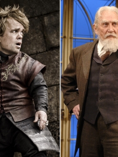 Peter Dinkalge in “Game of Thrones” (left) and Roy Dotrice on stage in London, March 2006 (right)