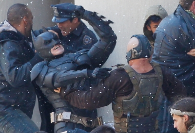 Christian Bale and Tom Hardy film scenes on the set of the “The Dark Knight Rises” at the Mellon Institute building in the Pittsburgh neighborhood of Oakland on July 31, 2011
