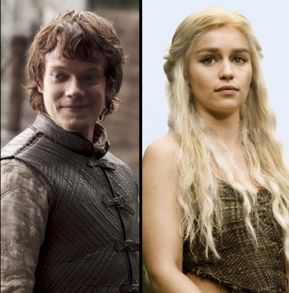 Alfie Allen as Theon Greyjoy, Emilia Clarke as Daenerys Targaryen