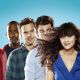 Lamorne Morris as Winston, Jake Johnson as Nick, Max Greenfield as Schmidt and Zooey Deschanel as Jess in “New Girl” on FOX