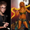 Justin Bieber with a boa constrictor at the MTV VMAs in 2011 (left), Britney Spears with a boa constrictor at the MTV VMAs (right)