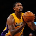 Ron Artest #15 of the Los Angeles Lakers shoots a free throw while taking on the New Orleans Hornets in Game Two of the Western Conference Quarterfinals in the 2011 NBA Playoffs on April 20, 2011 