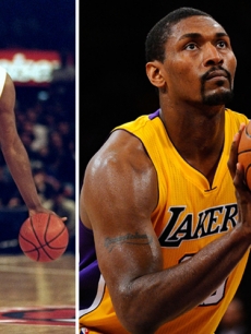 Ron Artest in 1999 as part of the St. John’s Red Storm college team (left) and with the Lakers in 2011 (right) 