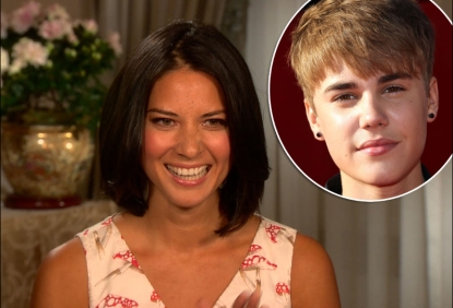 Olivia Munn chats with Access Hollywood on August 25, 2011 / inset: Justin Bieber