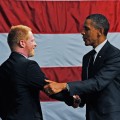 President Barack Obama shakes hands with event emcee and ‘Modern Family’ star Jesse Tyler Ferguson during a fundraiser for his re-election campaign at the House of Blues on the Sunset Strip in West Hollywood, Calif. on September 26, 2011 