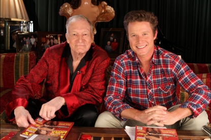 Hugh Hefner and Access’ own Billy Bush smile during an interview in Los Angeles on September 12, 2011