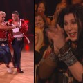 Chaz Bono and Lacey Schwimmer compete on ‘Dancing with the Stars’ (left) and Cher cheers them on (right), Oct. 10, 2011