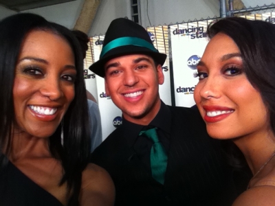 Access Hollywood’s Shaun Robinson, Rob Kardashian and Cheryl Burke backstage at “Dancing with the Stars,” Los Angeles, Oct. 3, 2011