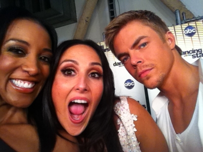 Access Hollywood’s Shaun Robinson, Ricki Lake and Derek Hough backstage at “Dancing with the Stars,” Los Angeles, Oct. 3, 2011