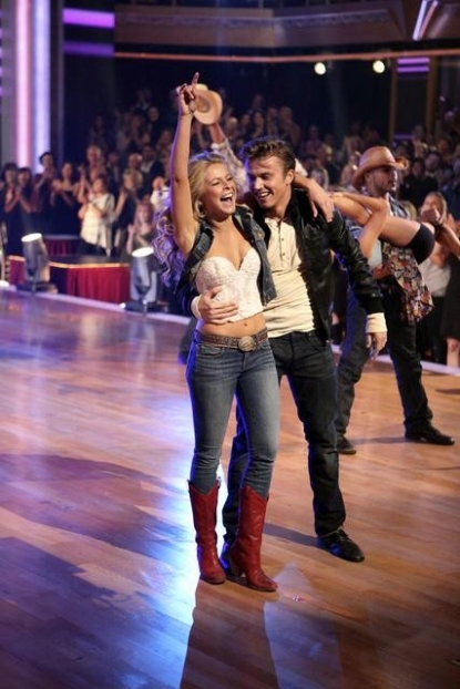 Julianne Hough and Kenny Wormald of ‘Footloose’ smile after performing on Week 4 of ‘Dancing with the Stars,’ Oct. 11, 2011