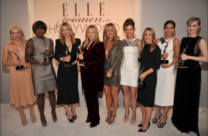 Honorees Naomi Watts, Viola Davis, Michelle Pfeiffer, Barbra Streisand, Jennifer Aniston, Editor-in-chief of ELLE Robbie Myers, honorees Stacey Snider, Freida Pinto, and Evan Rachel Wood attend ELLE’s 18th Annual Women in Hollywood Tribute held at the Four Seasons Hotel Los Angeles at Beverly Hills in Beverly Hills, Calif. on October 17, 2011 