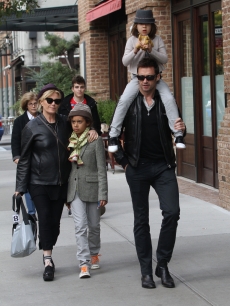 Deborra-Lee Furness, son Maximillian Jackman, daughter Ava Eliot Jackman and Hugh Jackman are seen arriving at Laughing Man Marketplace in Manhattan on October 23, 2011