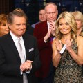 Regis Philbin and Kelly Ripa on set during Regis Philbin’s Final Show of ‘Live! with Regis & Kelly’ in New York New York on November 18, 2011
