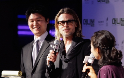Brad Pitt is seen at the ‘Moneyball’ South Korea premiere at Coex Megabox in Seoul, South Korea on November 15, 2011 