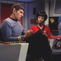 Leonard Nimoy (as Mr. Spock) speaks to actress Nichelle Nichols (as Uhura) on the bridge of the USS Enterprise in a scene from ‘The Man Trap,’ the premiere episode of ‘Star Trek,’ which aired on September 8, 1966
