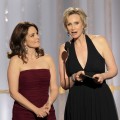 Tina Fey and Jane Lynch present an award onstage during the 69th Annual Golden Globe Awards at the Beverly Hilton International Ballroom in Beverly Hills on January 15, 2012 