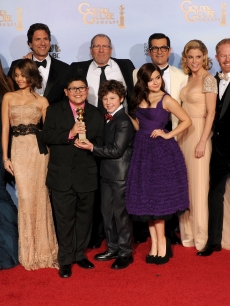 The cast of ‘Modern Family’ poses in the press room with the Best Television Series - Musical or Comedy award for ‘Modern Family’ at the 69th Annual Golden Globe Awards held at the Beverly Hilton Hotel on January 15, 2012