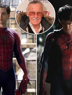 Tobey Maguire and Andrew Garfield as Spider-Man / inset: Stan Lee