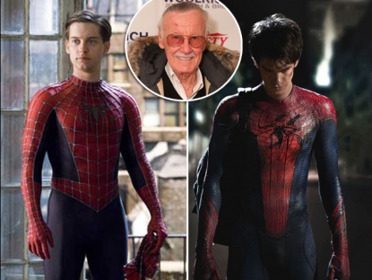 Tobey Maguire and Andrew Garfield as Spider-Man / inset: Stan Lee