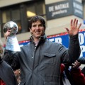 New York Giants Eli Manning attends the New York Giants Victory Parade following their Super Bowl XLVI win down the Canyon of Heroes on the streets of Manhattan on February 7, 2012 