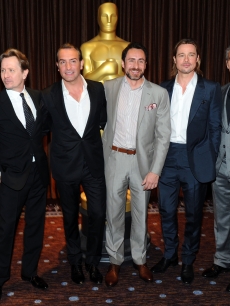 Gary Oldman, Jean Dujardin, Demian Bichir, Brad Pitt and George Clooney pose for pictures inside the 84th Academy Awards Nominations Luncheon at The Beverly Hilton hotel on February 6, 2012 in Beverly Hills, Calif.
