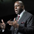 Magic Johnson performs his acceptance speech at the 2011 California Hall of Fame Inductee Ceremony at the California Museum, Sacramento, on December 8, 2011