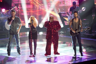 Blake Shelton, Christina Aguilera, Cee Lo Green and Adam Levine perform a Prince medley on ‘The Voice’ Season 2, NBC
