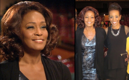 Whitney Houston (left) in her last one-on-one interview, which was conducted by Access Hollywood’s Shaun Robinson (far right), 2011
