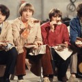 Davy Jones, Mickey Dolenz, Peter Tork and Mike Nesmith on the set of the television show ‘The Monkees’ in Los Angeles in December 1967 