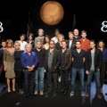Jansen Panettiere, Bridger Zadina, Jane Lynch, Vanessa Garcia, James Pickens Jr., Yeardley Smith, writer Dustin Lance Black, director Rob Reiner, and actor Rory O’Malley (Bottom row L-R) Actors Cleve Jones, Jesse Tyler Ferguson, Chris Colfer, Christine Lahti, Jamie Lee Curtis, Martin Sheen, George Clooney, Brad Pitt, Kevin Bacon, Matt Bomer, Matthew Morrison, Campbell Brown, and George Takei onstage during rehearsals for ‘8’ presented by The American Foundation For Equal Rights & Broadway Impact at The Wilshire Ebell Theatre in Los Angeles on March 3, 2012