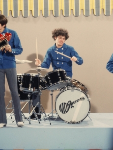 Davy Jones, Mickey Dolenz, Peter Tork and Mike Nesmith on the set of the television show ‘The Monkees’ in Los Angeles in August 1967
