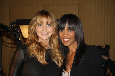 “The Hunger Games” star  Jennifer Lawrence is all smiles with Access Hollywood’s Shaun Robinson at a press junket in Los Angeles on March 1, 2012