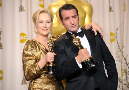 Oscar winners Meryl Streep & Jean Dujardin pose in the press room at the 84th Annual Academy Awards on February 26, 2012 in Los Angeles
