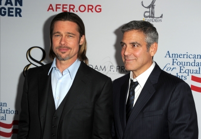 Brad Pitt and George Clooney arrive at the premiere of ‘8’ presented by The American Foundation For Equal Rights & Broadway Impact at The Wilshire Ebell Theatre on March 3, 2012 in Los Angeles