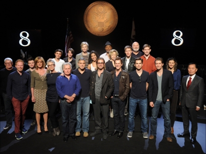 Jansen Panettiere, Bridger Zadina, Jane Lynch, Vanessa Garcia, James Pickens Jr., Yeardley Smith, writer Dustin Lance Black, director Rob Reiner, and actor Rory O’Malley (Bottom row L-R) Actors Cleve Jones, Jesse Tyler Ferguson, Chris Colfer, Christine Lahti, Jamie Lee Curtis, Martin Sheen, George Clooney, Brad Pitt, Kevin Bacon, Matt Bomer, Matthew Morrison, Campbell Brown, and George Takei onstage during rehearsals for ‘8’ presented by The American Foundation For Equal Rights & Broadway Impact at The Wilshire Ebell Theatre in Los Angeles on March 3, 2012