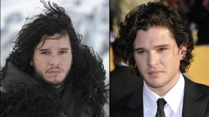 Kit Harington as Jon Snow (left) and at the Golden Globes (right)