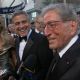 Stacy Keibler, George Clooney and Tony Bennett in front of the Access Hollywood cameras on the Oscars red carpet, Hollywood, February 26, 2012