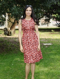 Famke Janssen wears a print dress at the 2012 Busto Arsizio Film Festival photocall in Busto Arsizio, Italy, on March 24, 2012 