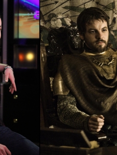Gethin Anthony on the Access Hollywood set (left) and as Renly Baratheon in ‘Game of Thrones’ Season 2 (right)