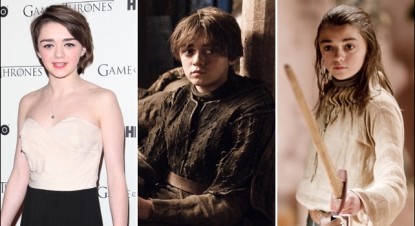 Maisie Williams at the ‘Game of Thrones’ DVD launch in February 2012 (left), Maisie as Arya in Season 2 (middle), Maisie as Arya in Season 1 (right)