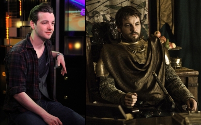Gethin Anthony on the Access Hollywood set (left) and as Renly Baratheon in ‘Game of Thrones’ Season 2 (right)