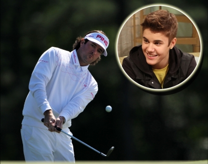 Bubba Watson hits a shot at the Masters tournament on April 8, 2012 (Inset: Justin Bieber on Access Hollywood Live)