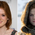 Rose Leslie in London in March 2012 (left), and as Ygritte in ‘Game of Thrones’ (right)