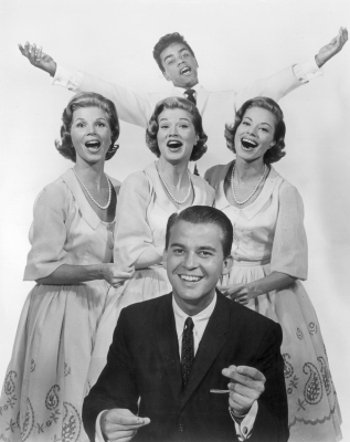 Dick Clark and the McGuire sisters — Christine, Dorothy and Phyllis — and Johnny Mathis, 1955